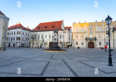 Kisfaludy Karoly statue on the historic becsi kapu square in Gyor city in Hungary . Stock Photo