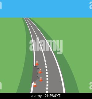 Striped Red Traffic Cone Icon on Grey Road Background. Stock Vector