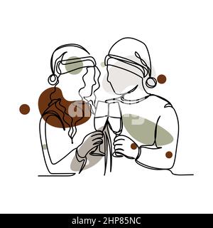 Single one line drawing couple of woman lumberjack laborers carrying ...