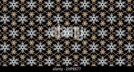 seamless pattern of snowflake with gold and silver design colors isolated black backgrounds, applicable for fabric print, wallpaper, backdrop, textile, cloth and packaging printing. Stock Vector