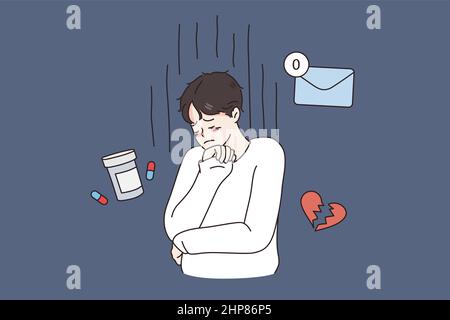 Unhappy man suffer from depression and loneliness Stock Vector