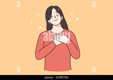 Happy woman hold hands at chest feel grateful Stock Vector