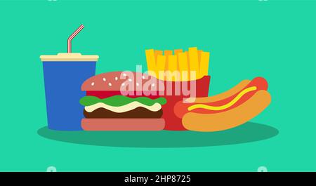 Fast food vector illustration. Junk food icon. Hot dog, french fries, hamburger and soft drink. Stock Vector