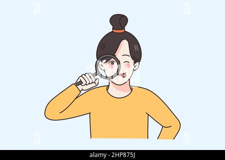 Curious girl look through magnifying glass Stock Vector