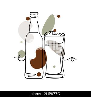 Vector abstract continuous one single simple line drawing icon of bottle and glass of fresh ginger beer in silhouette sketch. Perfect for greeting cards Stock Vector