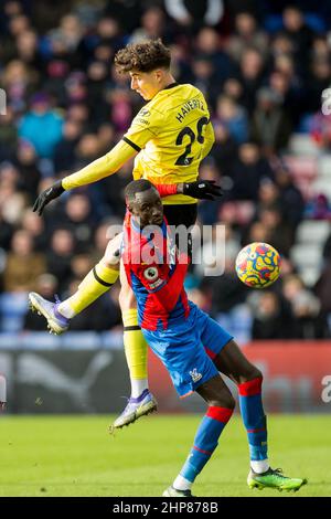 LONDON. UK.FEB 19TH  Kai Havertz of Chelsea battle for the ball during the Premier League match between Crystal Palace and Chelsea at Selhurst Park, London on Saturday 19th February 2022. (Credit: Federico Maranesi | MI News) Stock Photo