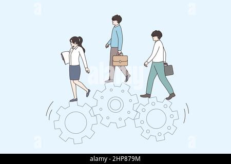 Businesspeople walk together on gear wheels Stock Vector