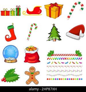 Christmas symbols collection. Big set of xmas icons. Seasonal cartoon illustrations isolated on white. Holiday ornament and decorations. Holly berry, elf, shoes, gift, candle, light ,string, baubles. Stock Vector