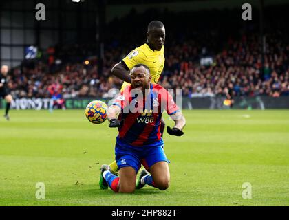 London, UK. 19th Feb 2022. 19th February 2022 ; Selhurst Park, Crystal Palace, London, England; Premier League football, Crystal Palace versus Chelsea: Malang Sarr of Chelsea tackles Jordan Ayew of Crystal Palace Credit: Action Plus Sports Images/Alamy Live News Stock Photo