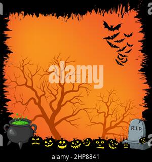 Halloween background. Orange spooky holiday backdrop with pumpkin and flying bats. Vector illustration with copy space. Best for seasonal poster or party invitation. Stock Vector