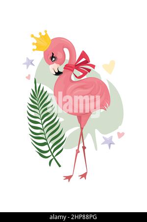 A cute cartoon poster featuring a pink flamingo wearing a crown. Princess bird. Stock Vector