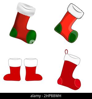 Christmas socks. Cartoon trendy flat clothing element and winter celebration attributes with patterns and ornaments. Vector set holiday colorful stocking illustrations Stock Vector