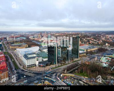 Gothenburg, Sweden: Aerial shot from the Liseberg park of the Gothia Towers, one of the largest hotel in the Nordic countries. Daylight, cloudy sky. Stock Photo