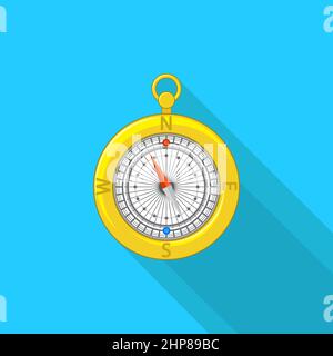 Yellow Compass Icon on Blue Background. Symbol of Travel. Flat Design. Stock Vector