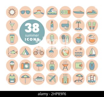 Summer vector flat icons set. Summertime sign Stock Vector