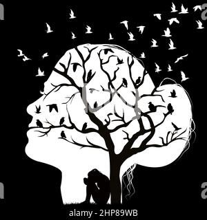 Abstract composition with silhouette of head woman and sad woman under a tree Stock Vector