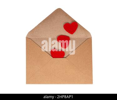 Brown craft envelope with felt hearts love concept isolated on the white background Stock Photo