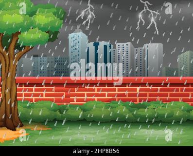 Background city scene with thunderstorm and lightning Stock Vector