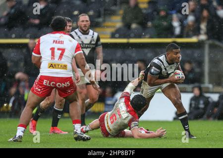 Joe Lovodua (14) of Hull FC is tackled by Jonny Lomax (6) of St Helens  in ,  on 2/19/2022. (Photo by David Greaves/News Images/Sipa USA) Stock Photo