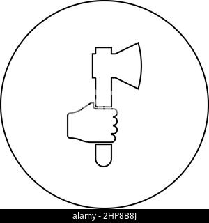 Axe in hand icon in circle round black color vector illustration image outline contour line thin style Stock Vector