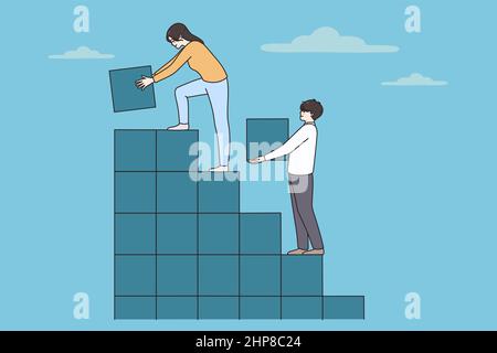 Businesspeople work together building steps to goal Stock Vector