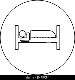 Man lies on bed sleeping concept Hotel sign icon in circle round black color vector illustration image outline contour line thin style Stock Vector