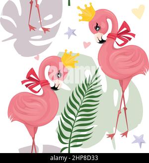 A cute cartoon seamless patternfeaturing a pink flamingo wearing a crown. Princess bird. Stock Vector