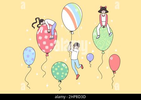 Happy children flying on colorful balloons in sky Stock Vector