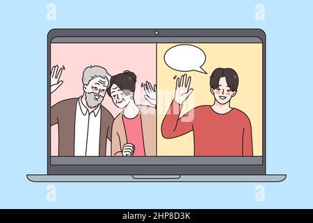 Smiling parents speak on video call with son Stock Vector