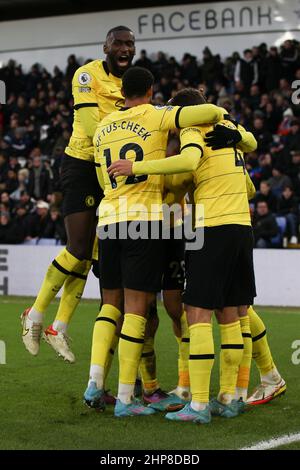 London, UK. 19th Feb, 2022. Hakim Ziyech of Chelsea scores in the dying minutes to make it 0-1 and celebrates during the Premier League match between Crystal Palace and Chelsea at Selhurst Park, London, England on 19 February 2022. Photo by Ken Sparks. Editorial use only, license required for commercial use. No use in betting, games or a single club/league/player publications. Credit: UK Sports Pics Ltd/Alamy Live News Stock Photo