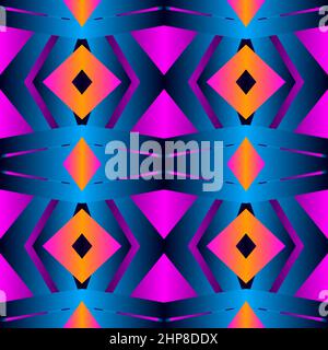 Geometric tile Floral patchwork seamless pattern vector illustration Neon gradient blue magenta colors Fashion abstract lines graphic design background Stripe pattern Futuristic art wallpaper mosaic Stock Vector