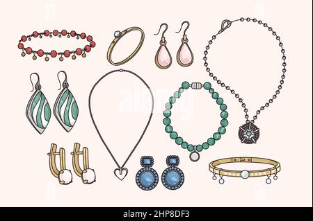 Collection of jewelry set with precious stones Stock Vector