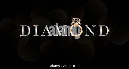 Diamond typeface illustration of ring and diamond. gold and silver colors design. applicable for banner, poster, background for jewelry and gemstone store. Stock Vector