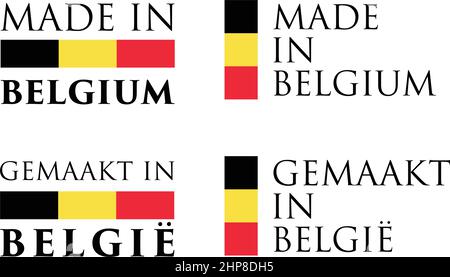 Simple Made in Belgium / Gemaakt in Belgie (dutch translation) label. Text with flag colors arranged horizontal and vertical. Stock Vector