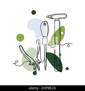 Vector abstract continuous one single simple line drawing icon of construction tools in silhouette sketch. Perfect for greeting cards Stock Vector