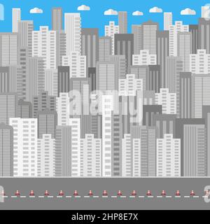 Striped Red Traffic Cone Icon Isolated on Sity Background. Architectural Building in Panoramic View. Urban Landscape and City Life. Flat Design. Street and Road. Stock Vector