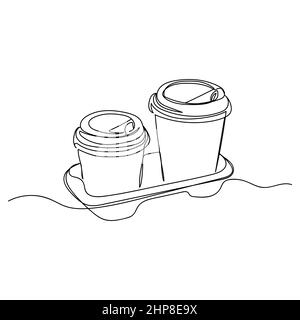 Vector continuous one single line drawing icon of glasses for hot coffee take away in silhouette on white background. Linear stylized. Stock Vector