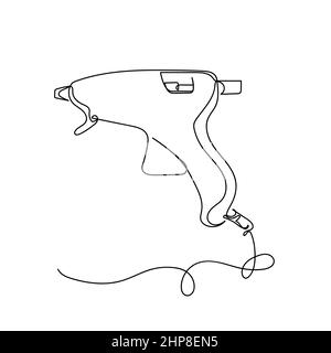 Vector continuous one single line drawing icon of glue gun with glue stick in silhouette on white background. Linear stylized. Stock Vector