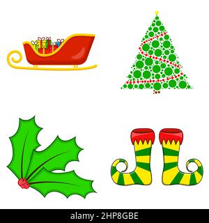 Christmas symbols collection. Big set of xmas icons. Seasonal cartoon illustrations isolated on white. Holiday ornament and decorations. Holly berry, elf, shoes, gift, candle, light ,string, baubles. Stock Vector