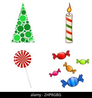 Christmas symbols collection. Big set of xmas icons. Seasonal cartoon illustrations isolated on white. Holiday ornament and decorations. Holly berry, elf, shoes, gift, candle, light ,string, baubles. Stock Vector