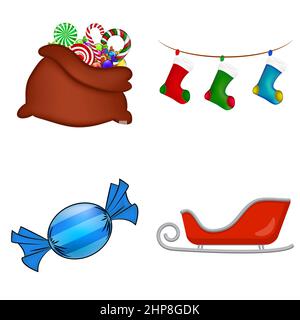 Christmas symbols collection. Big set of xmas icons. Seasonal cartoon illustrations isolated on white. Holiday ornament and decorations. Holly berry, elf, shoes, gift, candle, light ,string, baubles. Stock Vector