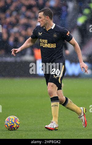 London, UK. 19th Feb, 2022. Chris Wood of Newcastle United in action during the game. Premier League match, West Ham Utd v Newcastle Utd at the London Stadium, Queen Elizabeth Olympic Park in London on Saturday 19th February 2022. this image may only be used for Editorial purposes. Editorial use only, license required for commercial use. No use in betting, games or a single club/league/player publications. pic by Steffan Bowen/Andrew Orchard sports photography/Alamy Live news Credit: Andrew Orchard sports photography/Alamy Live News Stock Photo