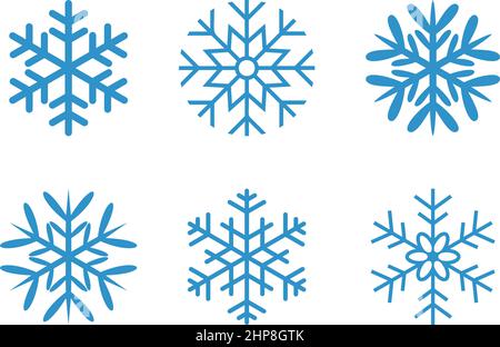 Ice blue frosty abstract snowflake symbols set on white background. Stock Vector