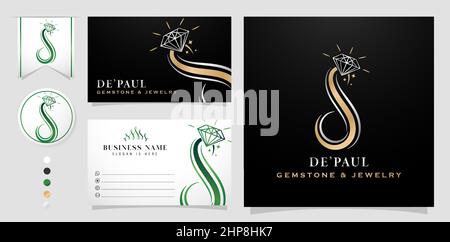 illustration of a logo concept with letter d or letter s, gold silver and green emerald colors design, applicable for jewelry store, logo company and corporate, gemstone symbol and icon luxury. Stock Vector