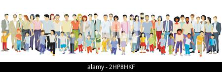 Parents and children, families groups isolated on white, illustration Stock Vector