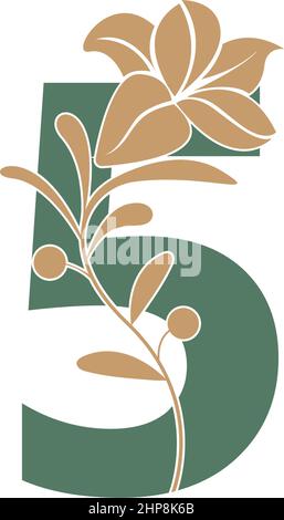 Number 5 icon with lily beauty illustration template Stock Vector