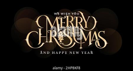 illustration of merry christmas lettering fonts golden color with isolated black background and happy new year, applicable for greeting cards, invitation, sign and banners. Stock Vector