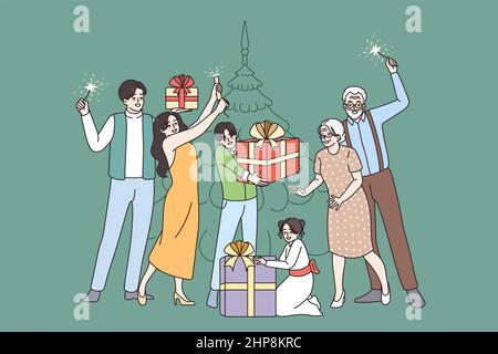 Happy big family celebrate Christmas near fir-tree Stock Vector