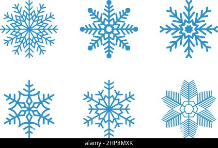 Ice blue frosty abstract snowflake symbols set on white background. Stock Vector
