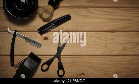 Barber tools on wooden background Stock Photo